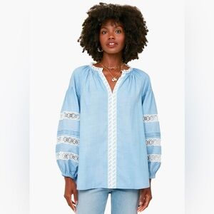 Tuckernuck Ingrid Cool Blue Crochet Trim Peasant Blouse - Size XL